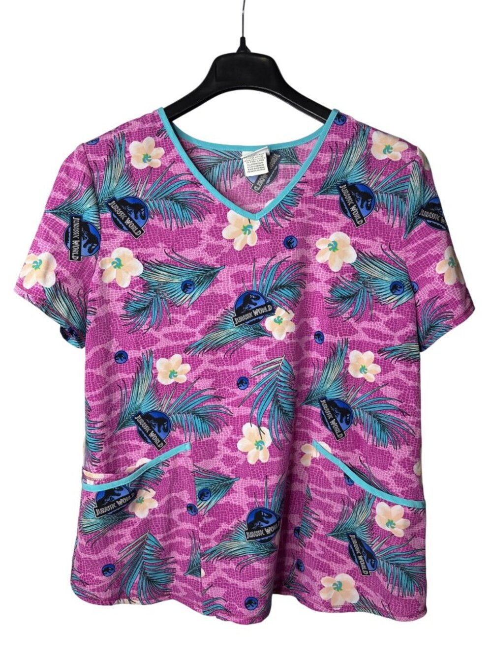 Jurassic World Dominion Womens Scrub Top L Short Sleeve Floral Leaves Multicolor